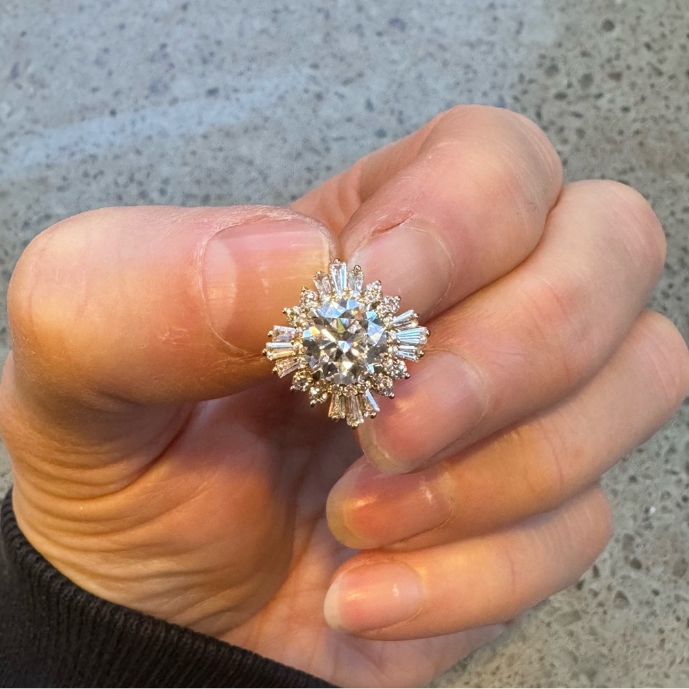 14K Yellow Gold Moissanite Slide Pendant Round w/ Halo & Baguettes Moissanites💎